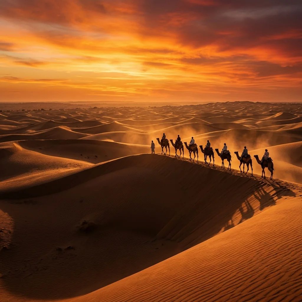 Panoramic view of Rajasthan desert landscape at sunset with camels